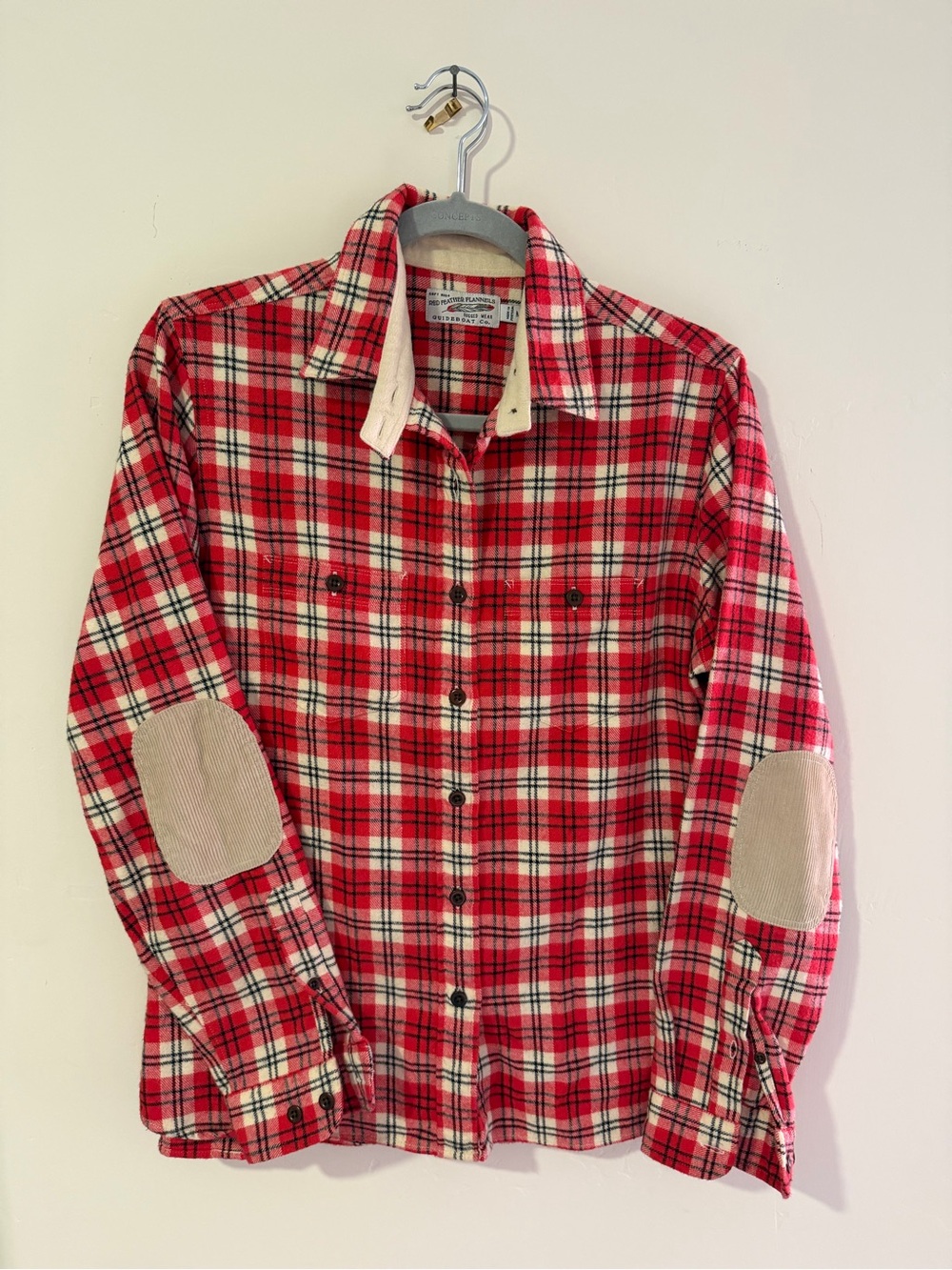 Women's Red Plaid Button-Down Shirt with Contrast Elbow Patches